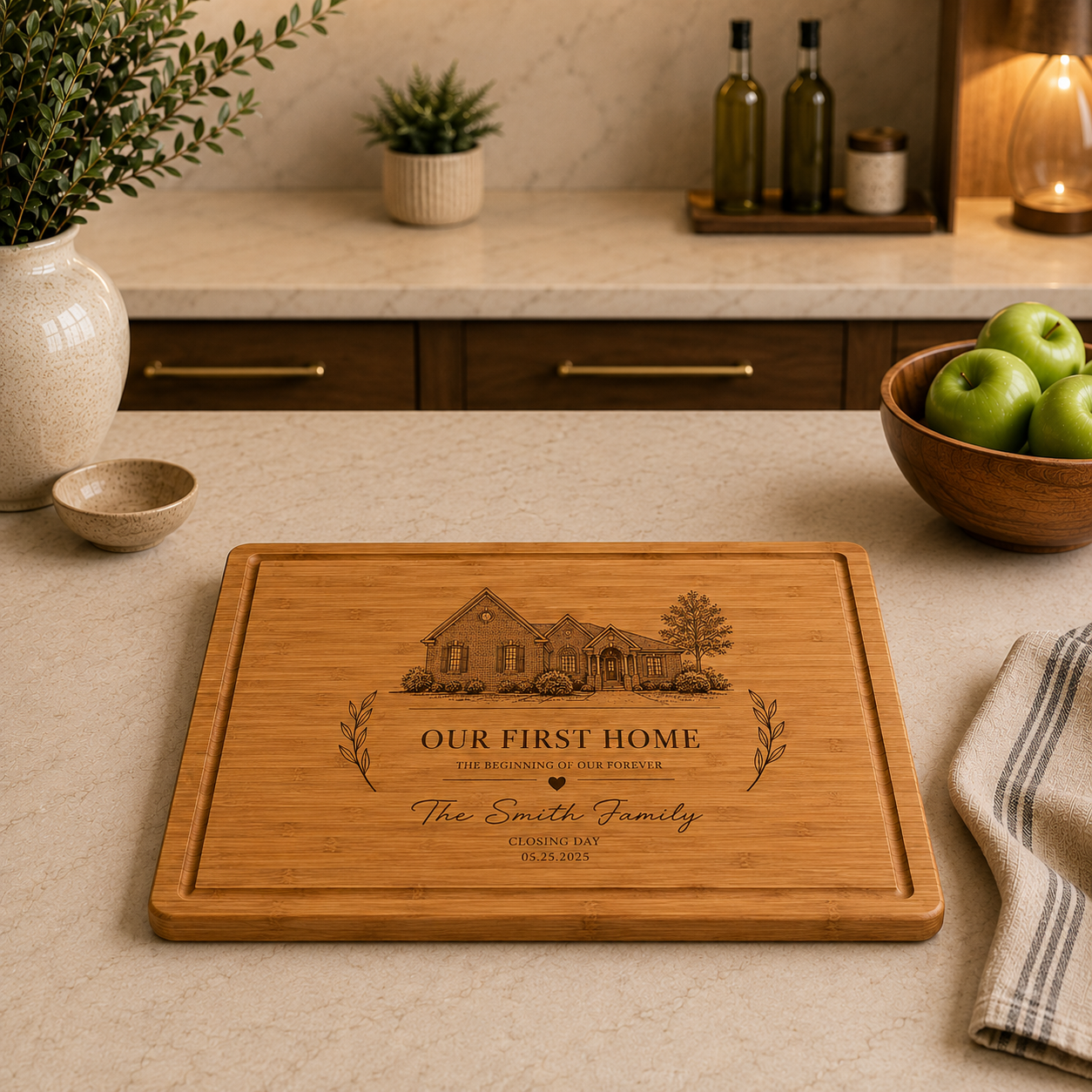 Engraved Bamboo Cutting Board with Handles & Juice Groove – 16” x 11”