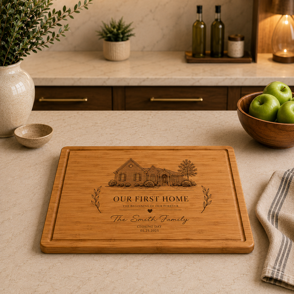 Engraved Bamboo Cutting Board with Handles & Juice Groove – 16” x 11”