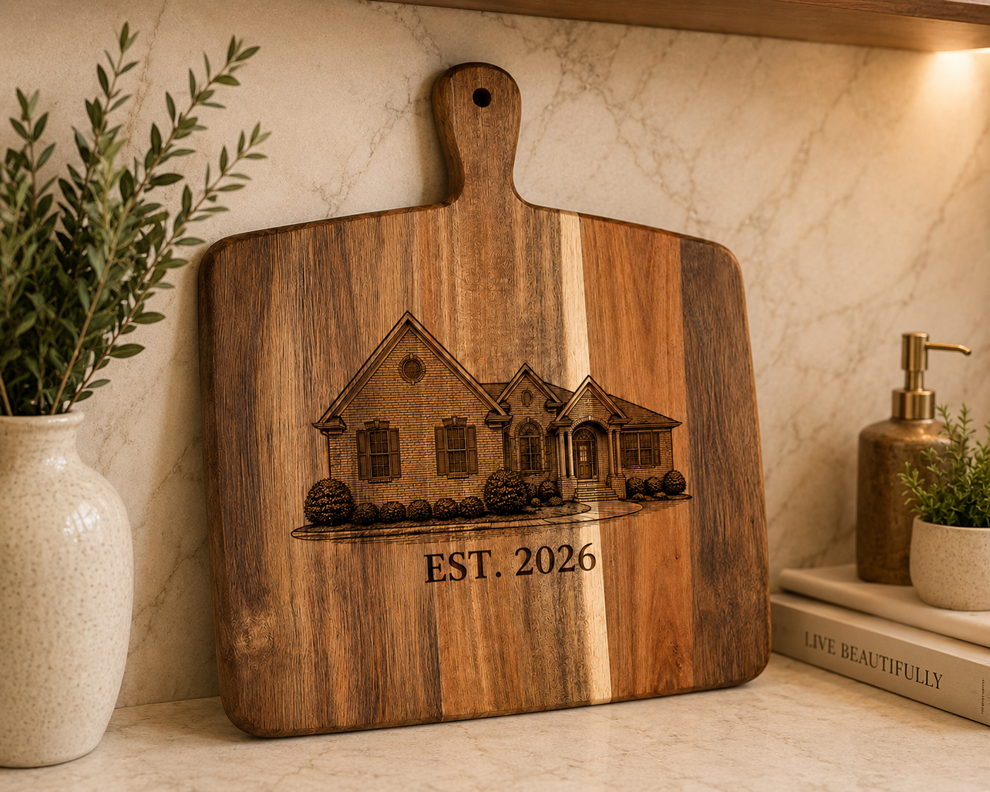 Engraved Acacia Wood Cutting Board with Handle – Large Charcuterie & Serving Board