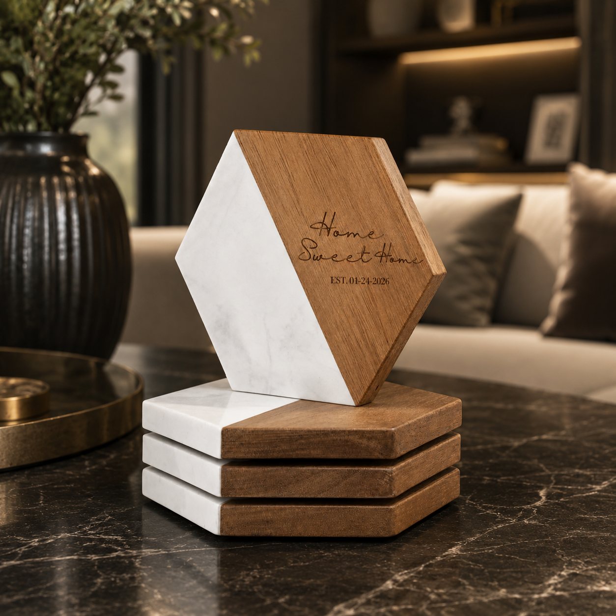 Engraved Acacia Wood & Marble Hexagon Coaster Set – Modern Rustic Coasters (Set of 4)
