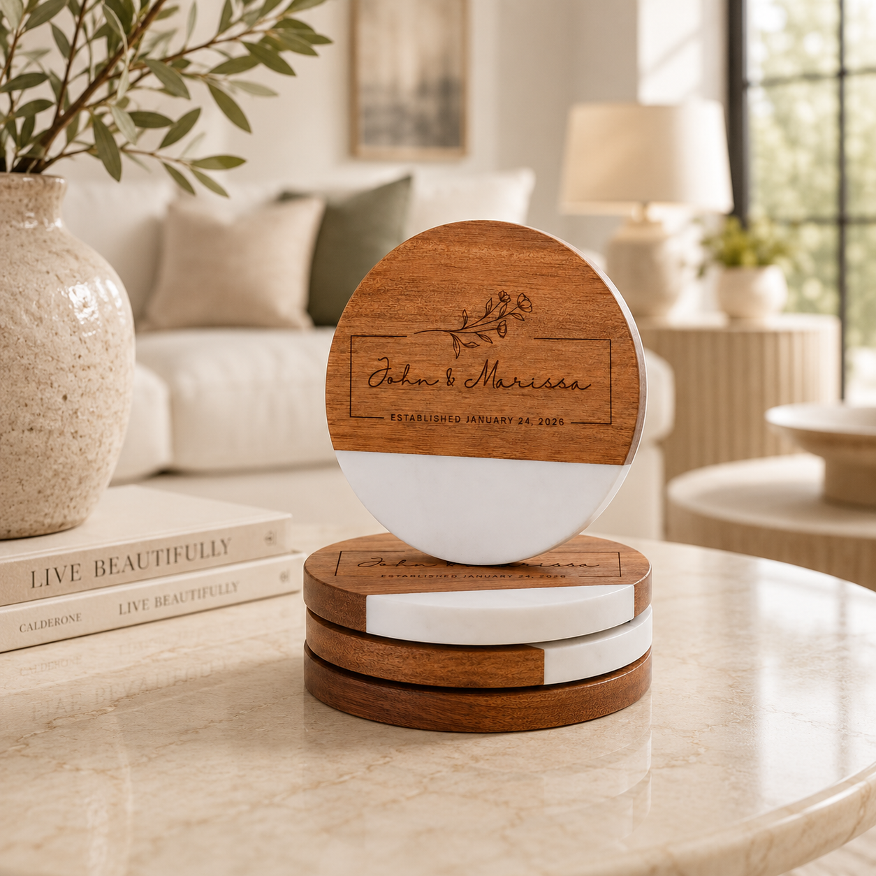 Engraved Marble & Acacia Wood Coaster Set of 4 – Custom Engraved Drink Coasters
