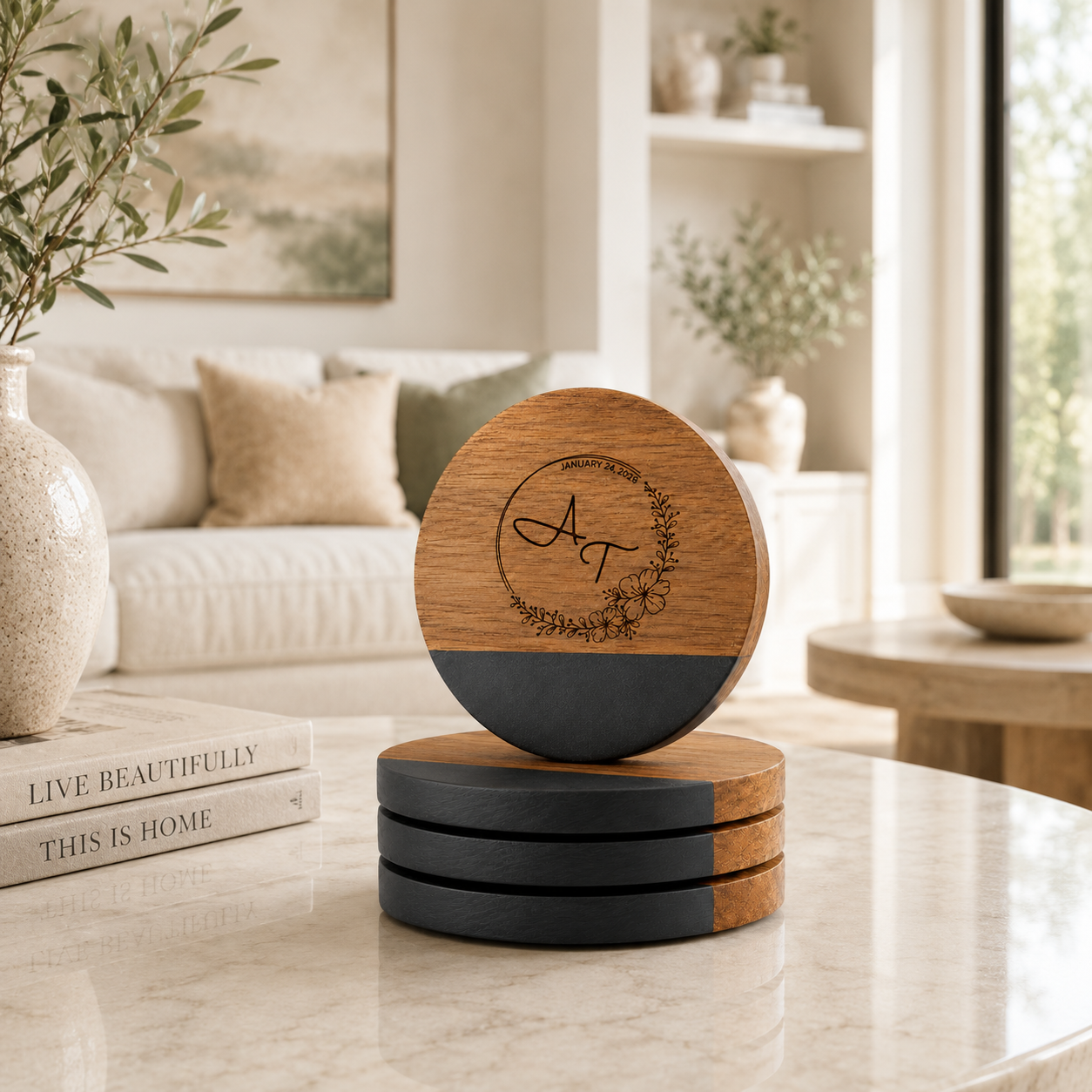 Engraved Marble & Acacia Wood Coaster Set of 4 – Custom Engraved Drink Coasters