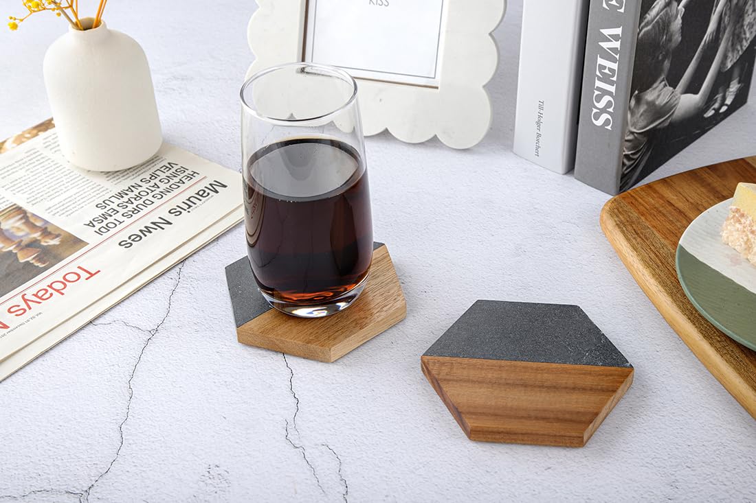 Engraved Acacia Wood & Marble Hexagon Coaster Set – Modern Rustic Coasters (Set of 4)