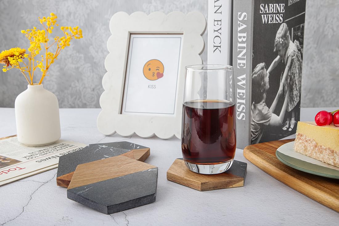 Engraved Acacia Wood & Marble Hexagon Coaster Set – Modern Rustic Coasters (Set of 4)