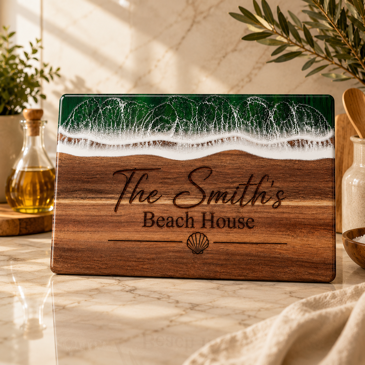 Engraved Acacia Wood & Resin Charcuterie Board – Ocean Wave Design 14.96"x11.81"