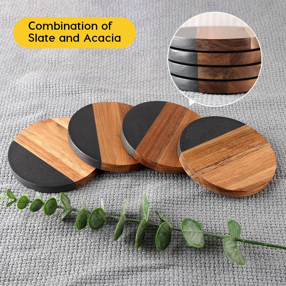 Engraved Marble & Acacia Wood Coaster Set of 4 – Custom Engraved Drink Coasters