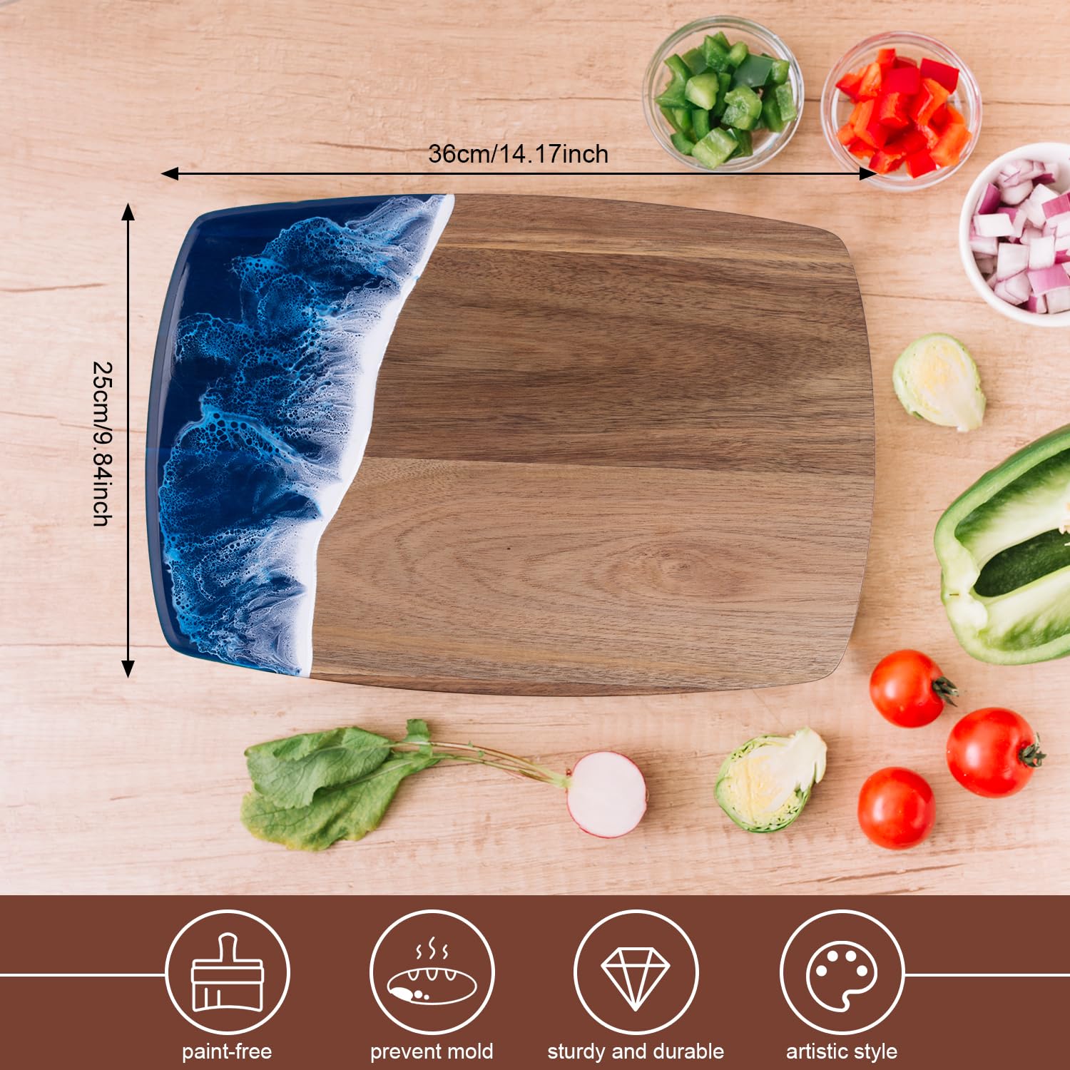 Engraved Acacia Wood & Resin Charcuterie Board – Ocean Wave Design 14.96"x11.81"