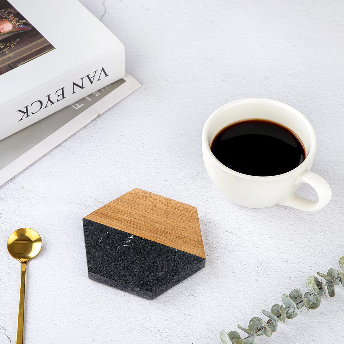Engraved Acacia Wood & Marble Hexagon Coaster Set – Modern Rustic Coasters (Set of 4)