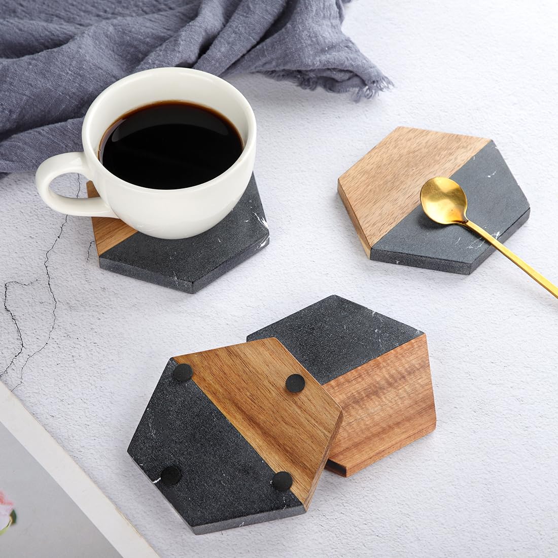 Engraved Acacia Wood & Marble Hexagon Coaster Set – Modern Rustic Coasters (Set of 4)