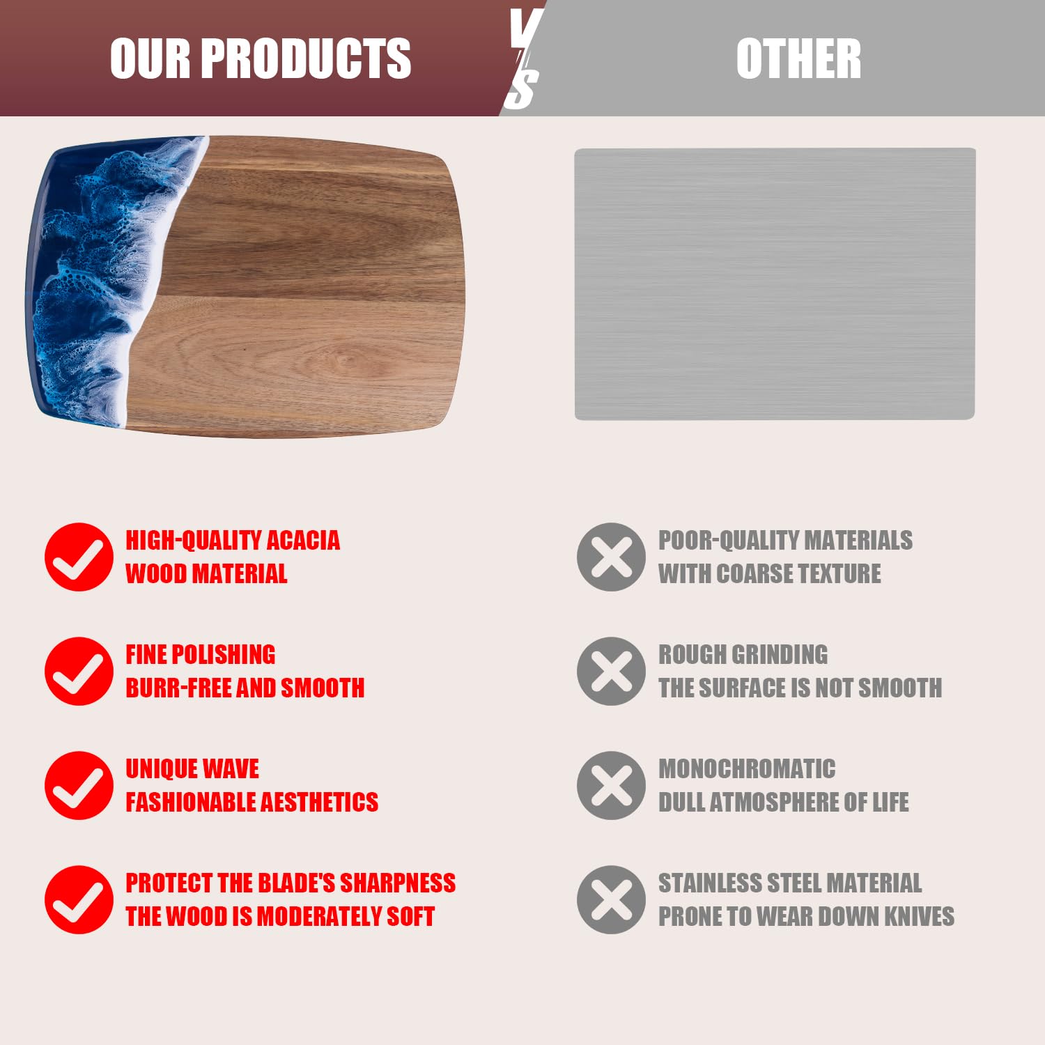 Engraved Acacia Wood & Resin Charcuterie Board – Ocean Wave Design 14.96"x11.81"