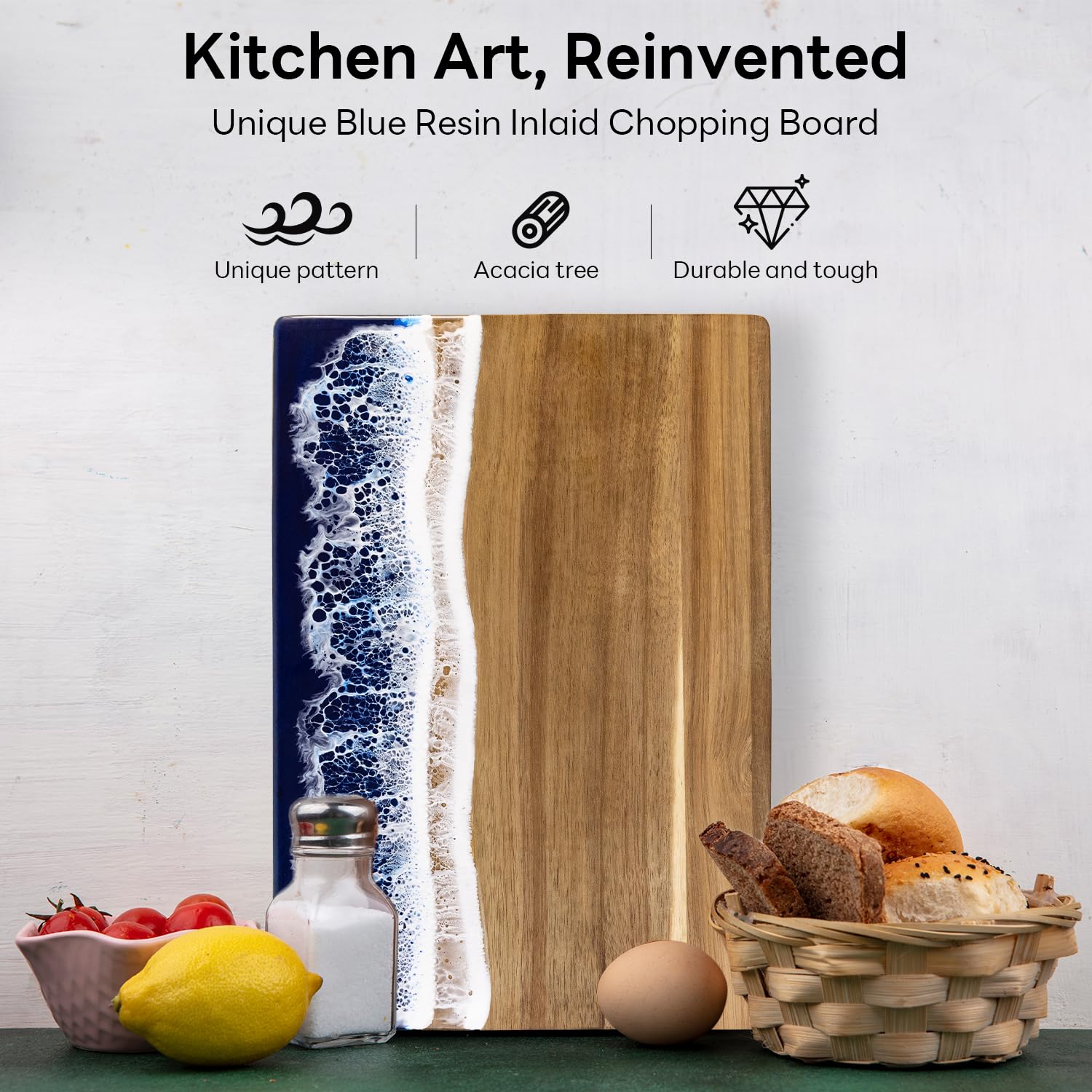 Engraved Acacia Wood & Resin Charcuterie Board – Ocean Wave Design 14.96"x11.81"