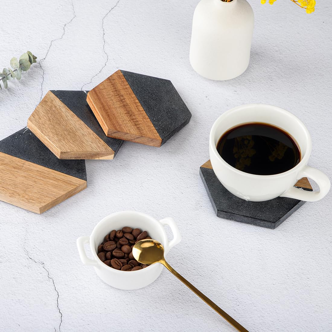 Engraved Acacia Wood & Marble Hexagon Coaster Set – Modern Rustic Coasters (Set of 4)