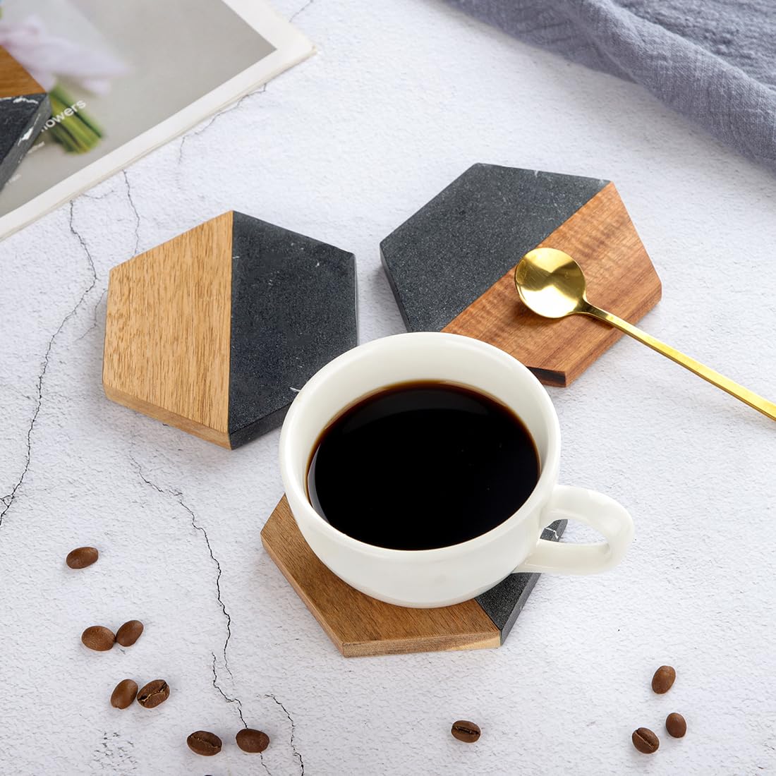 Engraved Acacia Wood & Marble Hexagon Coaster Set – Modern Rustic Coasters (Set of 4)