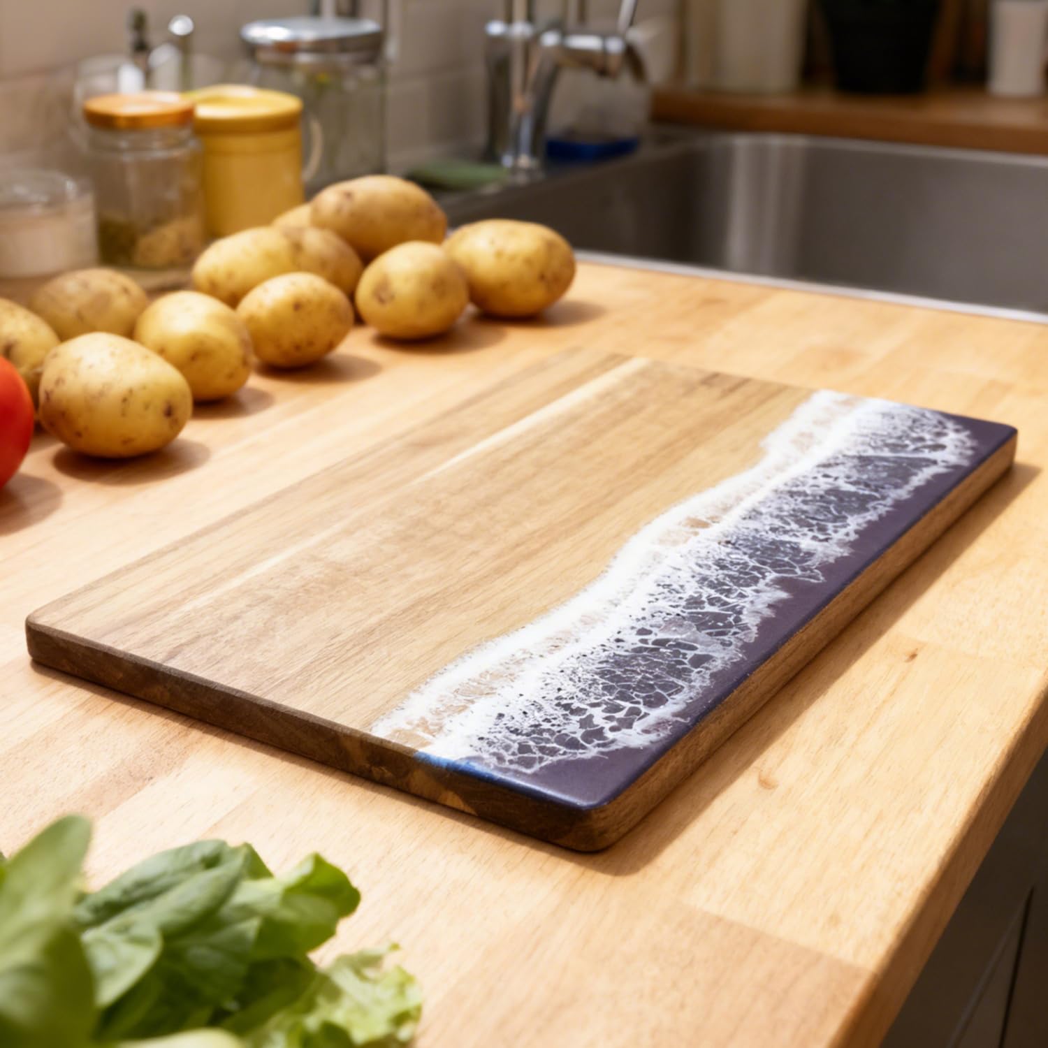 Engraved Acacia Wood & Resin Charcuterie Board – Ocean Wave Design 14.96"x11.81"