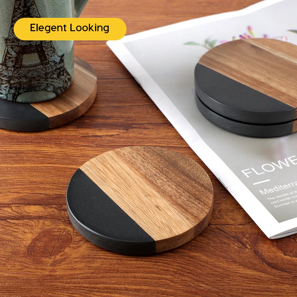 Engraved Marble & Acacia Wood Coaster Set of 4 – Custom Engraved Drink Coasters