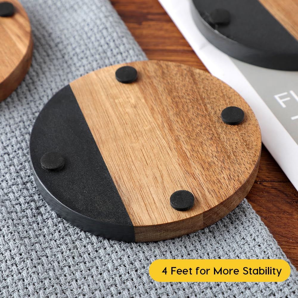 Engraved Marble & Acacia Wood Coaster Set of 4 – Custom Engraved Drink Coasters