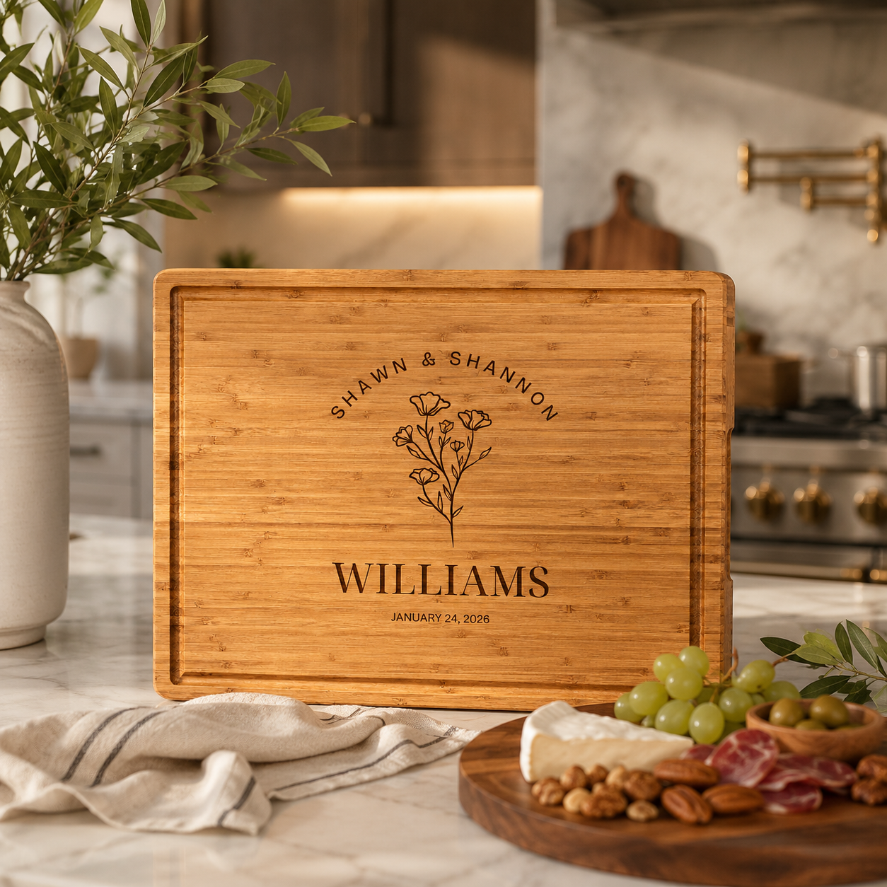 Engraved Bamboo Cutting Board with Handles & Juice Groove – 16” x 11”