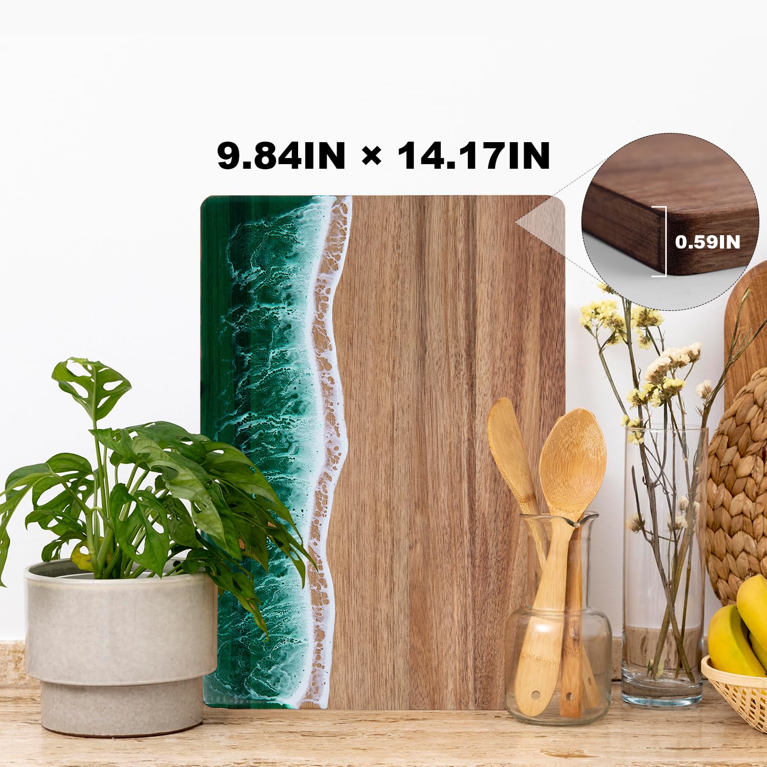 Engraved Acacia Wood & Resin Charcuterie Board – Ocean Wave Design 14.96"x11.81"