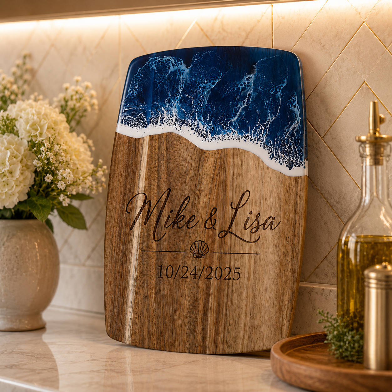 Engraved Acacia Wood & Resin Charcuterie Board – Ocean Wave Design 14.96"x11.81"