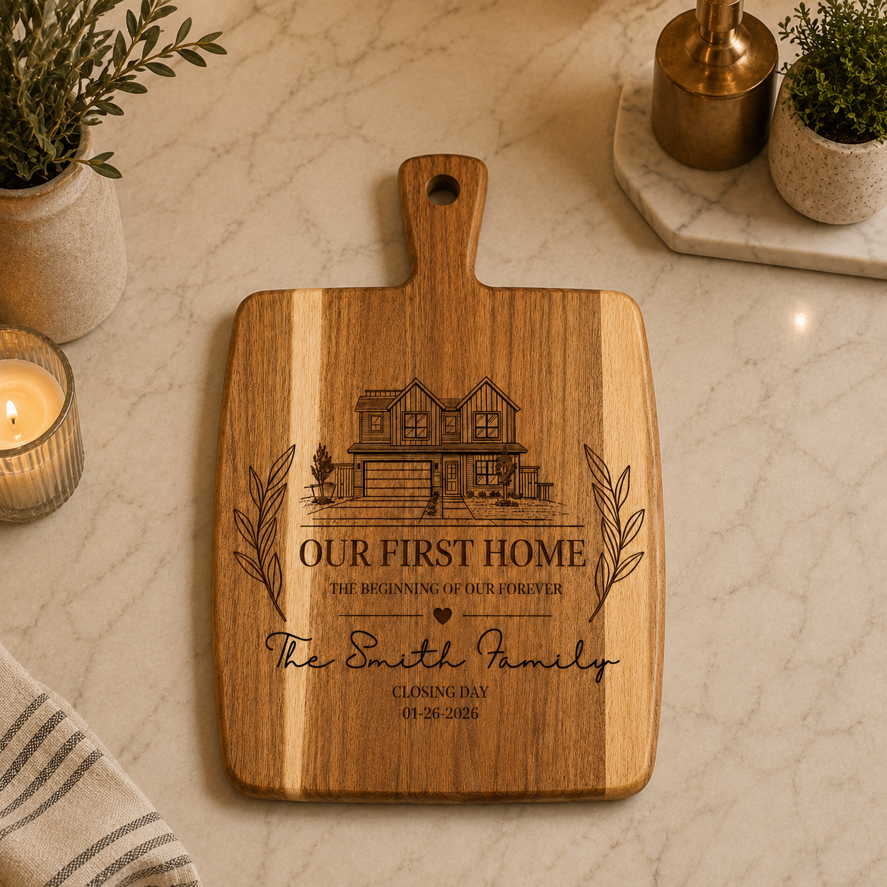 Engraved Acacia Wood Cutting Board with Handle – Large Charcuterie & Serving Board