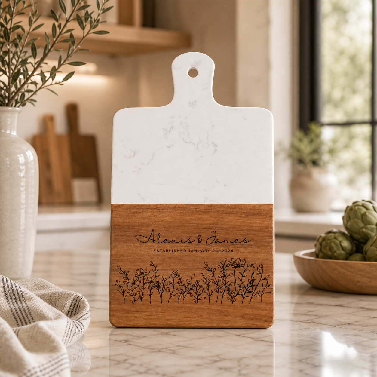 Engraved Marble & Acacia Wood Charcuterie Board with Handle 13” x 8.5”