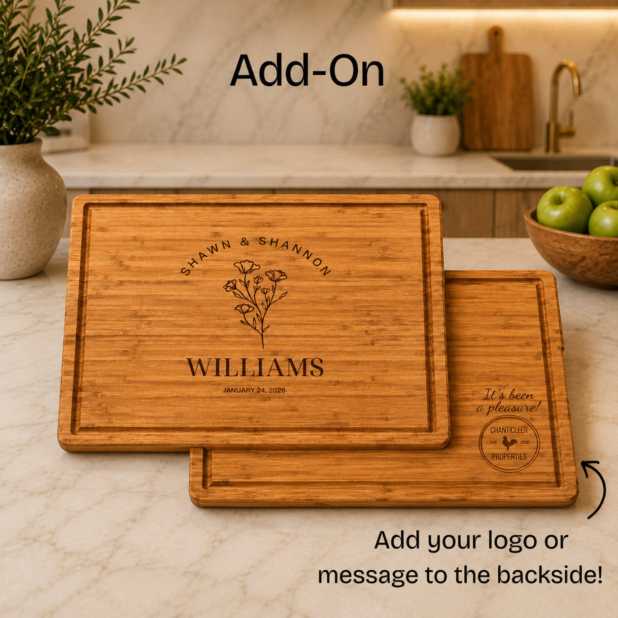 Engraved Bamboo Cutting Board with Handles & Juice Groove – 16” x 11”