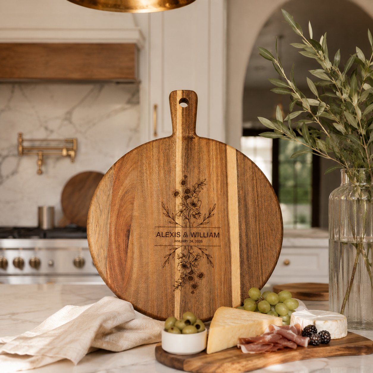 Engraved Acacia Wood Cutting Board with Handle – Large Charcuterie & Serving Board