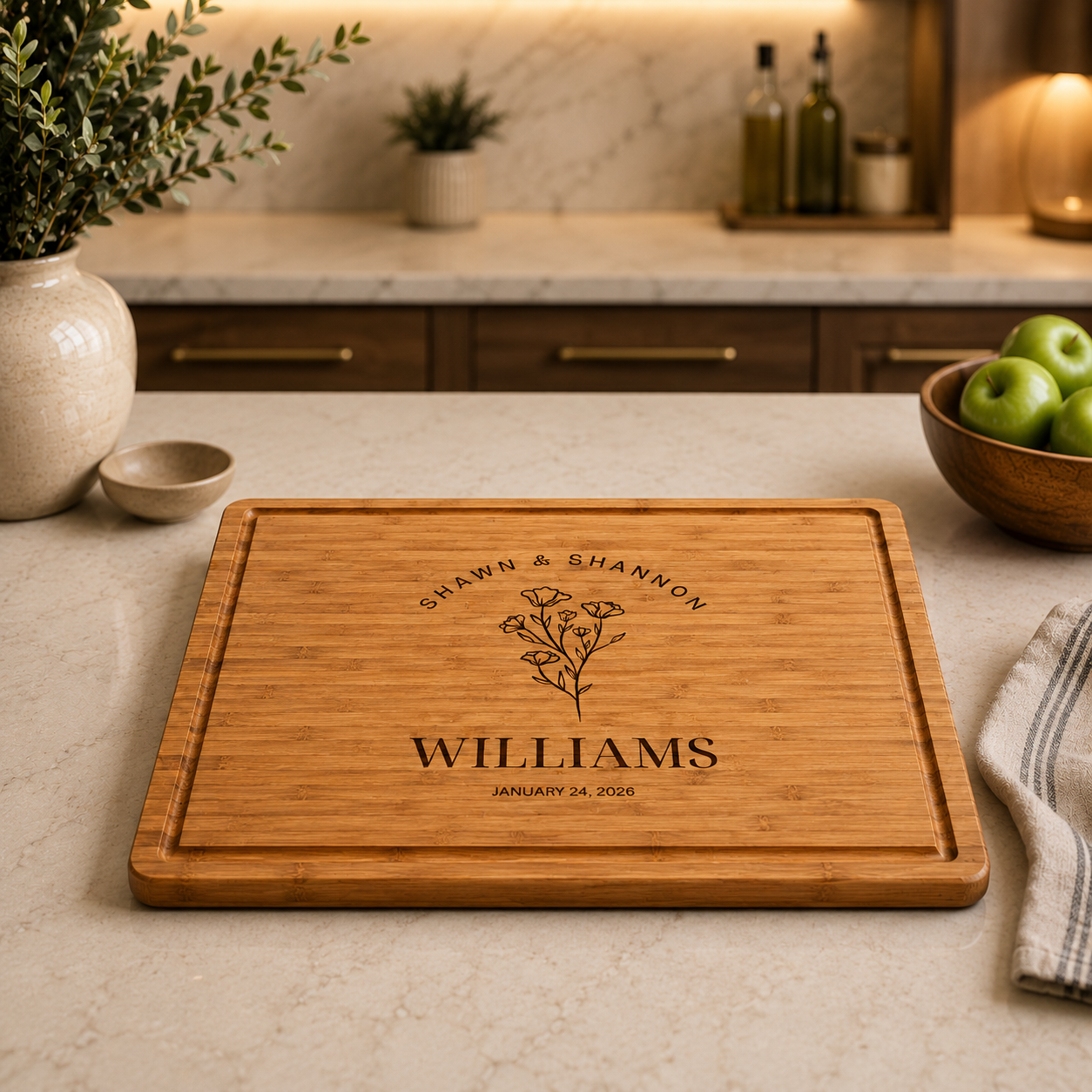Engraved Bamboo Cutting Board with Handles & Juice Groove – 16” x 11”