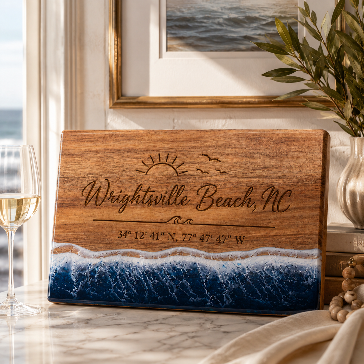Engraved Acacia Wood & Resin Charcuterie Board – Ocean Wave Design 14.96"x11.81"